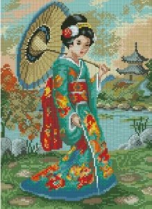 Схема Японка с зонтом в синем кимоно